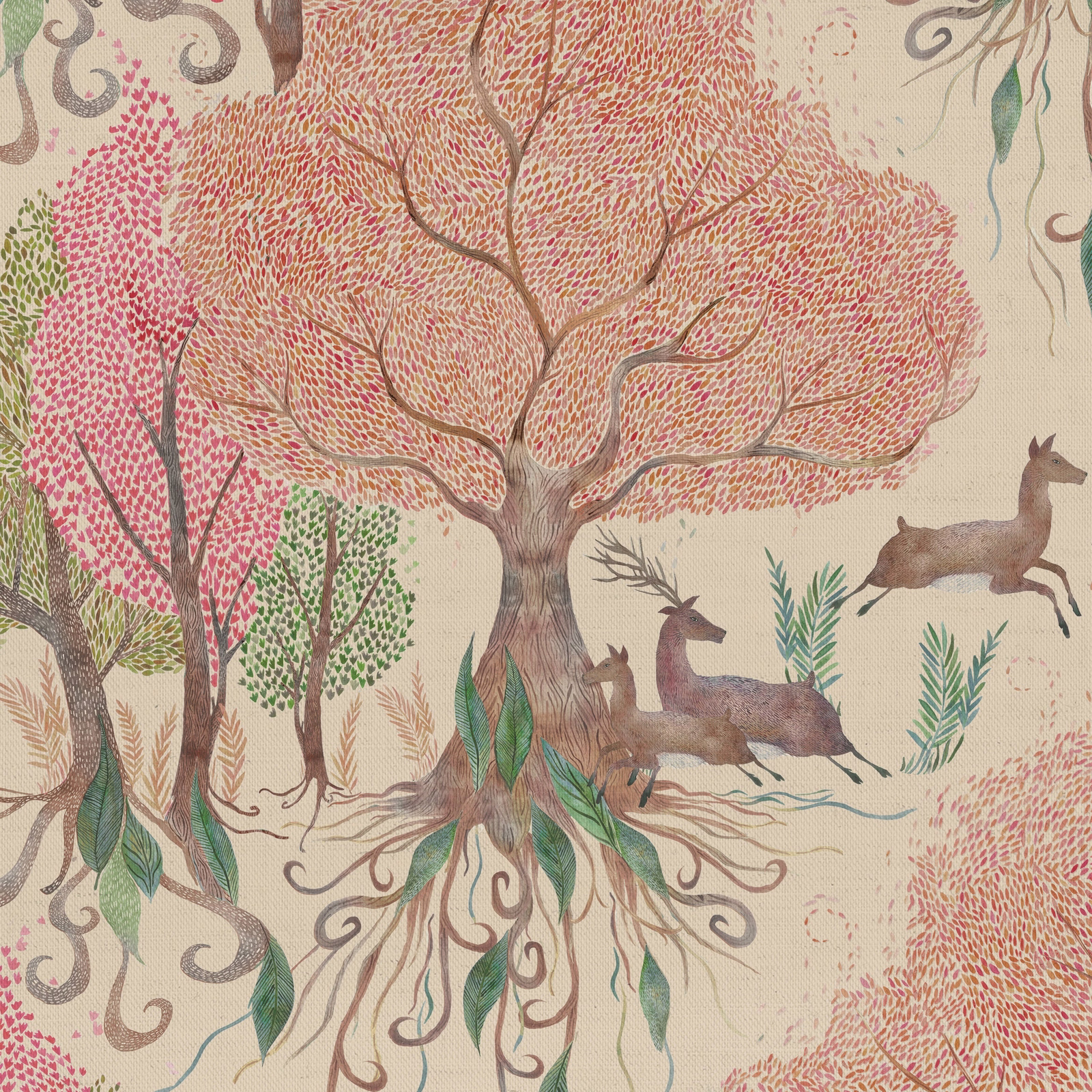 Woodland print fabric with pink leaf canopies, deer and pale neutral ground