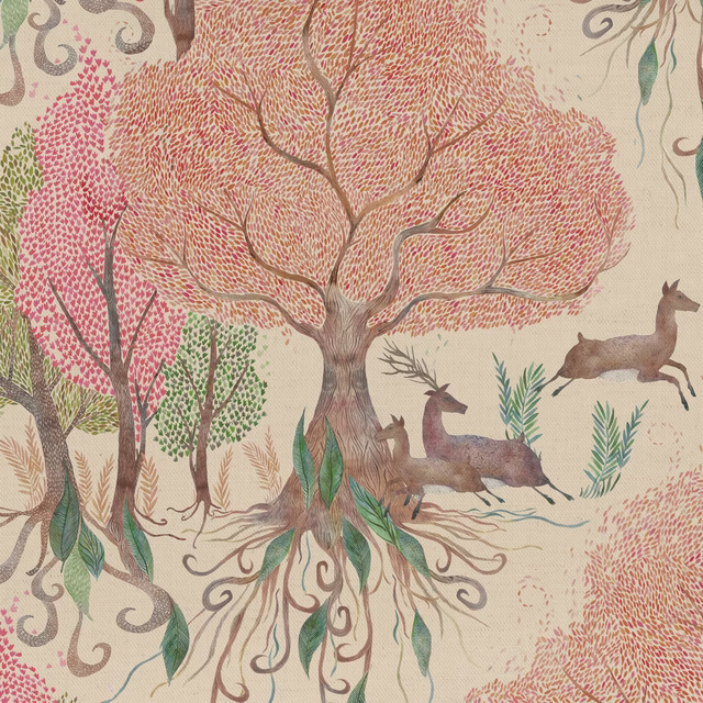 Woodland print fabric with pink leaf canopies, deer and pale neutral ground