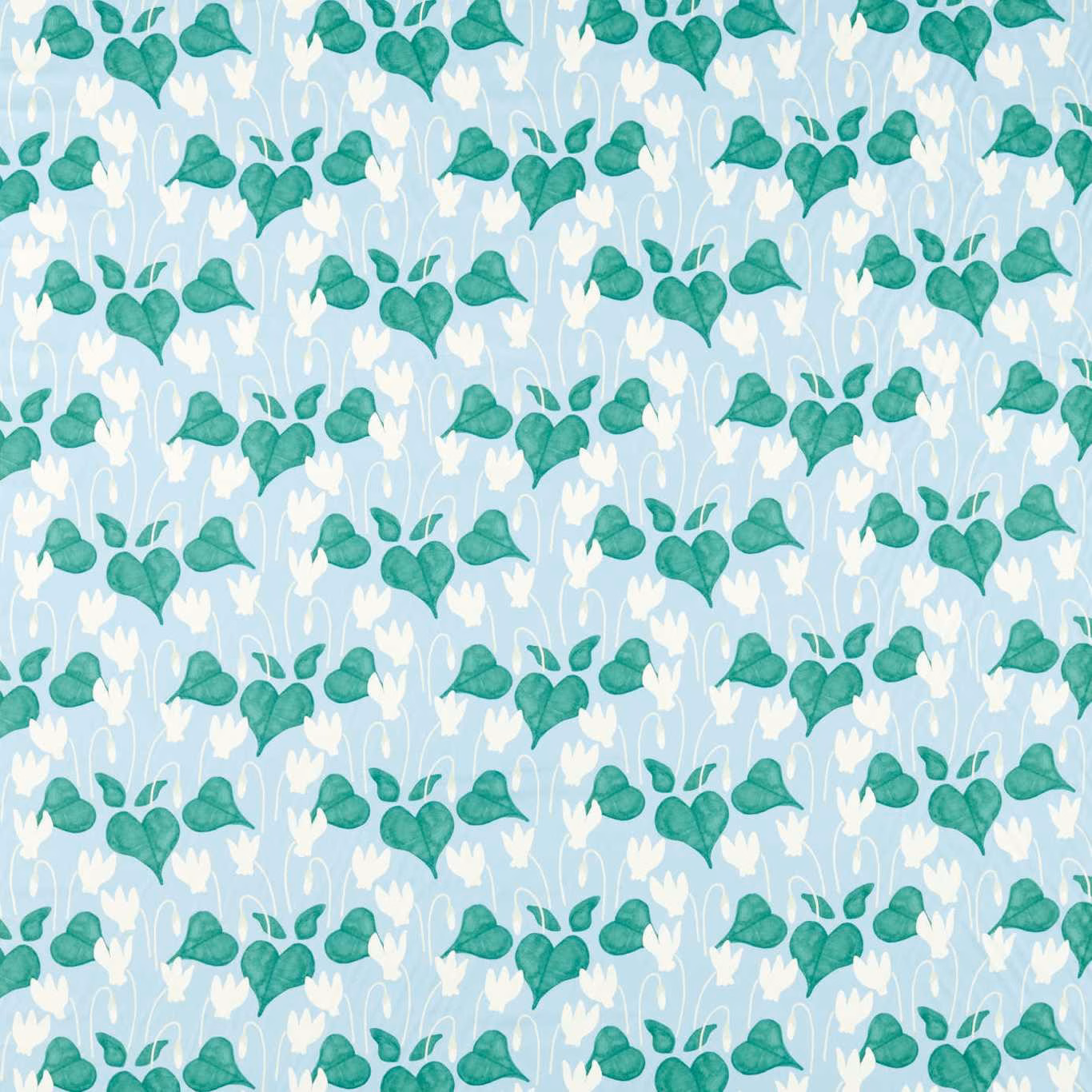 Pale sky-blue fabric with turquoise heart-shaped leaves and white stems