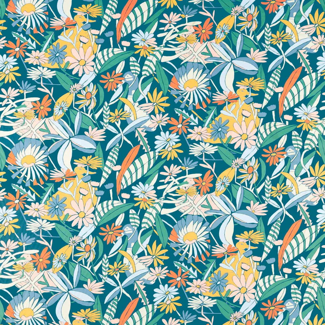 Dense deep teal botanical fabric with daisies, leafy stems, coral flowers and yellow blooms