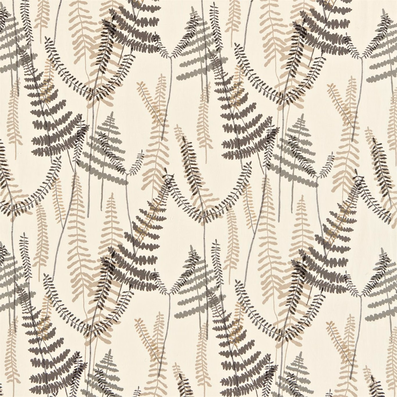 Chalk fabric with pewter and biscuit fern fronds in a trailing repeat