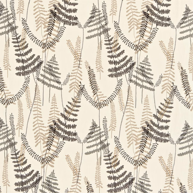 Chalk fabric with pewter and biscuit fern fronds in a trailing repeat