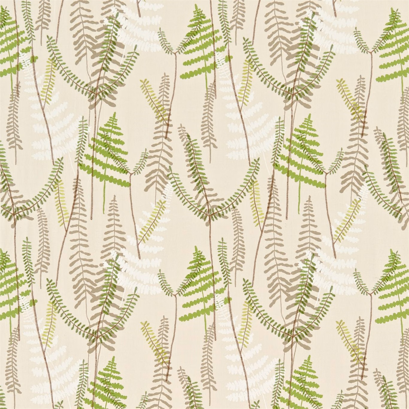 Cream fern fabric with apple-green fronds, taupe foliage and fine brown stems