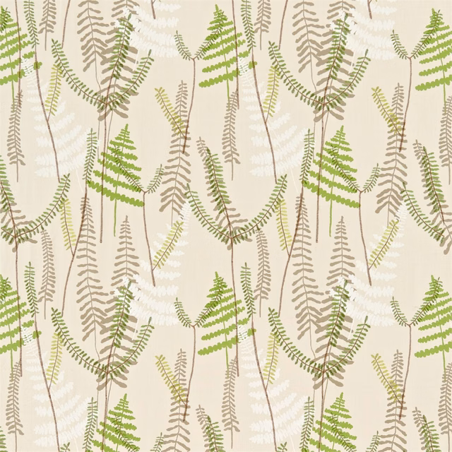 Cream fern fabric with apple-green fronds, taupe foliage and fine brown stems