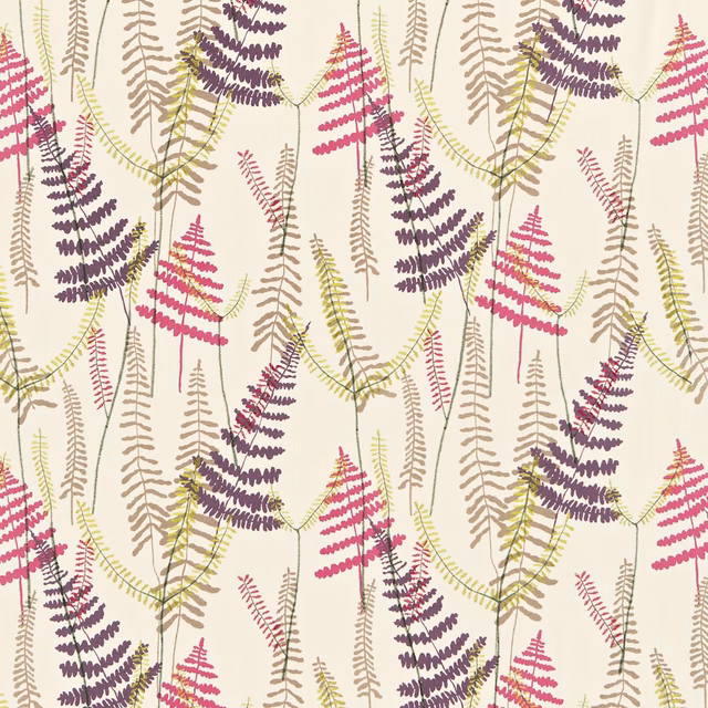 Cream textile with plum, fuchsia, taupe and lime fern fronds
