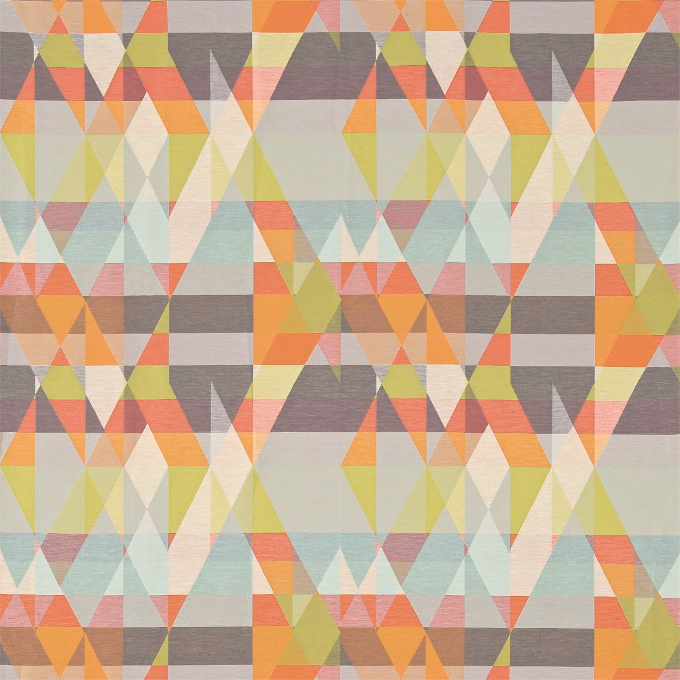 Tangerine, citrus, aqua and grey geometric triangles in a textured woven fabric