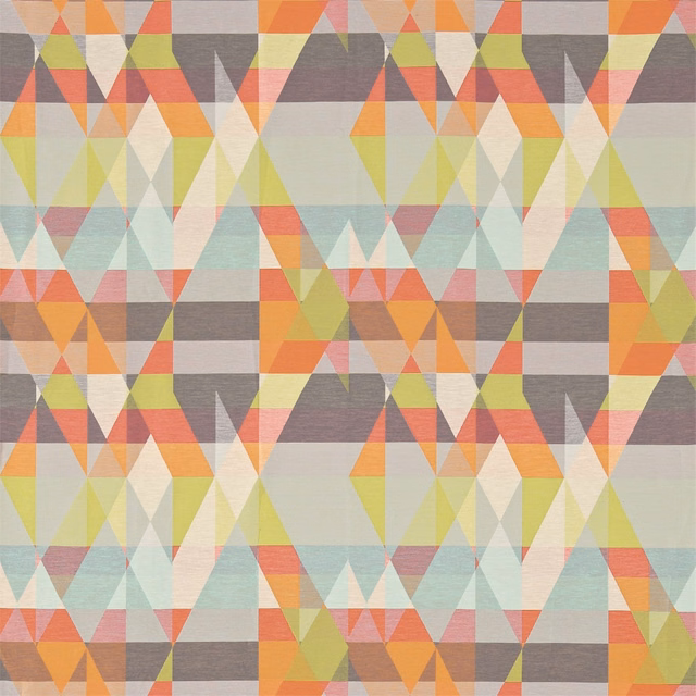 Tangerine, citrus, aqua and grey geometric triangles in a textured woven fabric