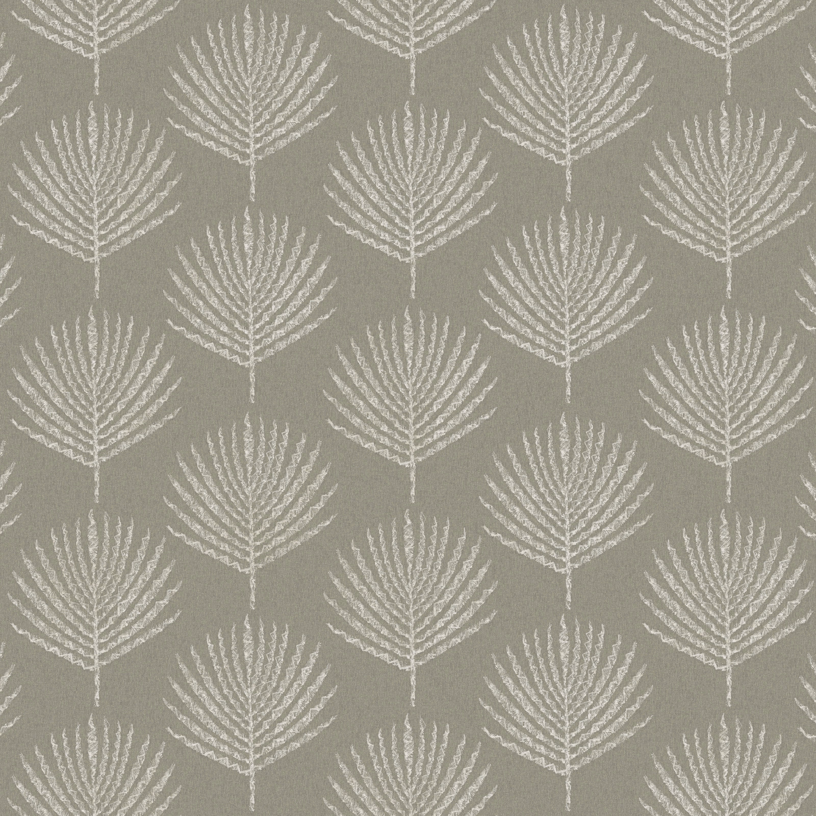 Cool flint-grey woven ground with repeating ivory fern-like leaf motifs