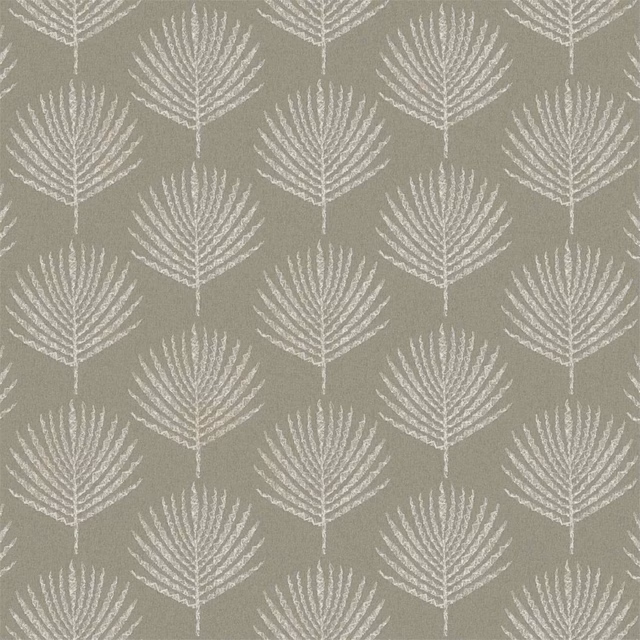 Cool flint-grey woven ground with repeating ivory fern-like leaf motifs
