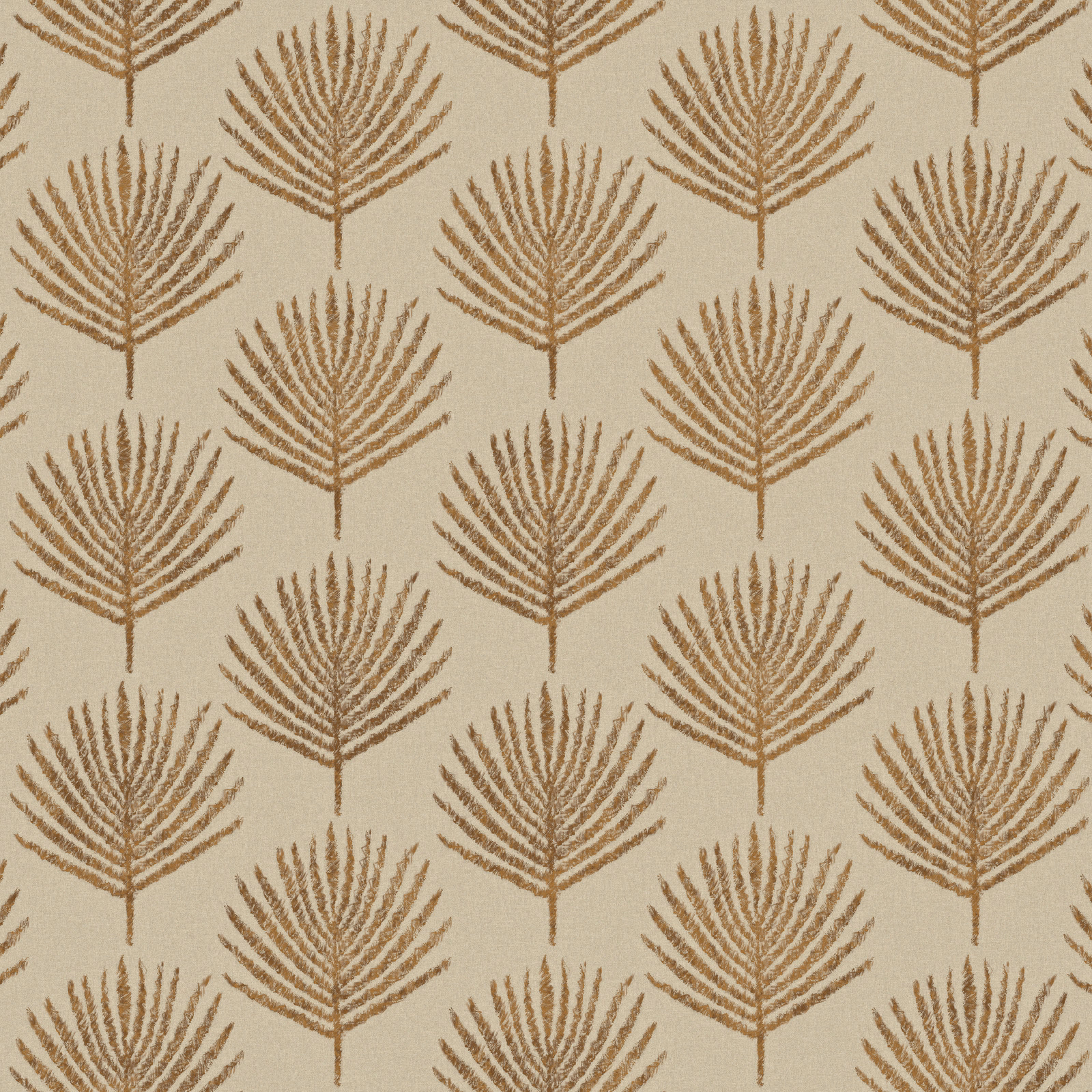 Pumpkin-brown fern motifs repeating across a warm oatmeal fabric ground