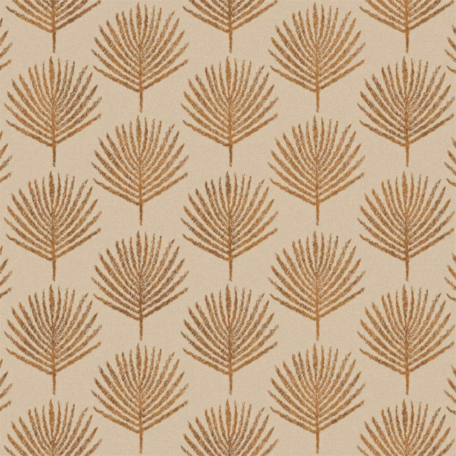 Pumpkin-brown fern motifs repeating across a warm oatmeal fabric ground
