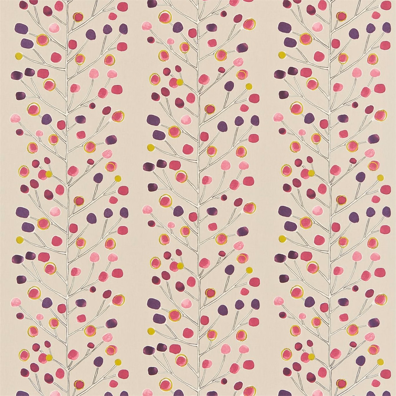 Mink fabric with plum, pink, berry and lime botanical branches