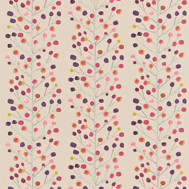 Mink fabric with plum, pink, berry and lime botanical branches