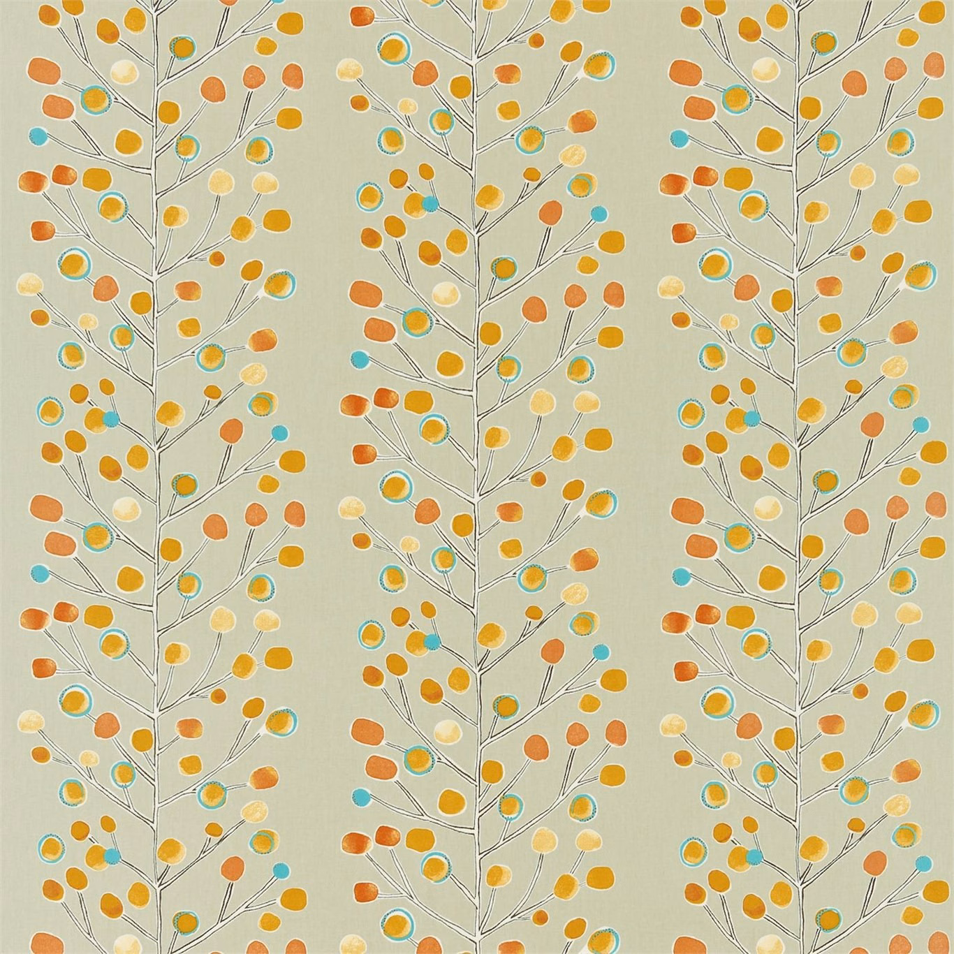 Sage fabric with vertical grey berry trees, tangerine, lemon and powder-blue motifs
