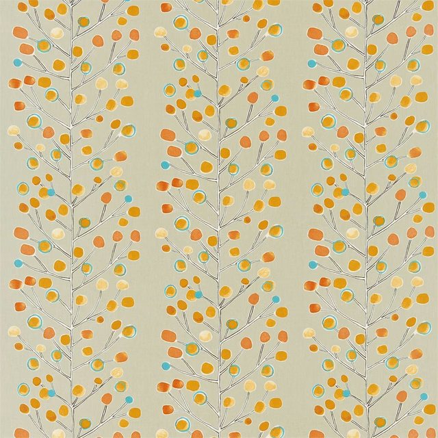 Sage fabric with vertical grey berry trees, tangerine, lemon and powder-blue motifs