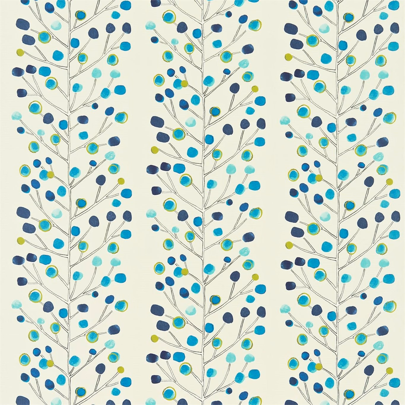Vertical berry branches with peacock, powder blue, lime and turquoise on neutral ground