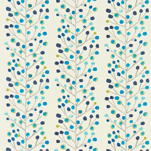 Vertical berry branches with peacock, powder blue, lime and turquoise on neutral ground