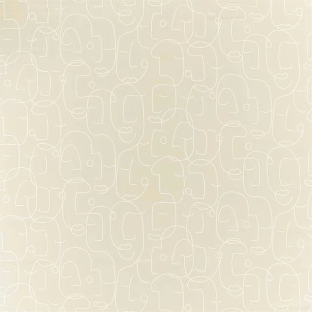 Pale putty taupe fabric with fine white abstract looping lines and woven texture