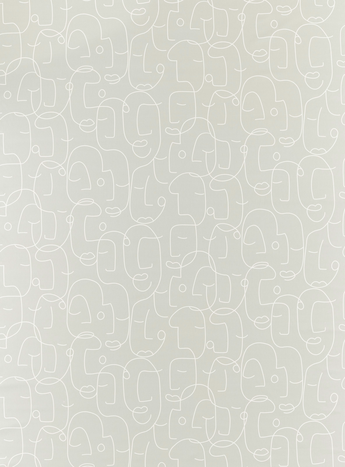 Pale sage-grey fabric with ivory abstract faces and looping line motifs