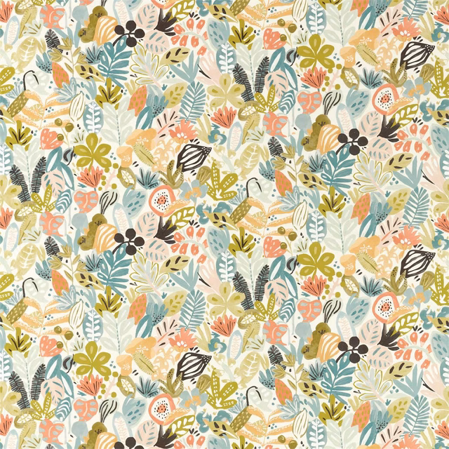Dense botanical sprigs in sage, coral, mustard and black on a pale ground