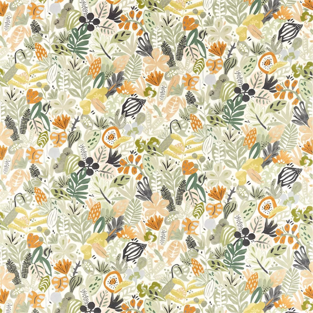Cream botanical fabric with sage leaves, ochre flowers and charcoal berry clusters