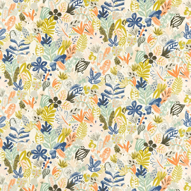Cream botanical fabric with navy leaves, olive foliage, peach sprigs and scattered floral motifs