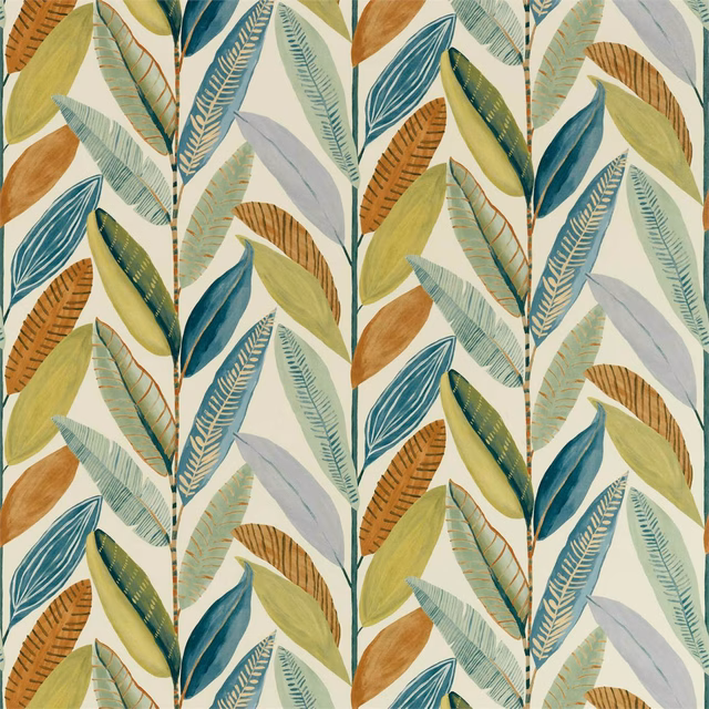 Teal, olive and ochre botanical leaves on a pale Hikkaduwa fabric ground