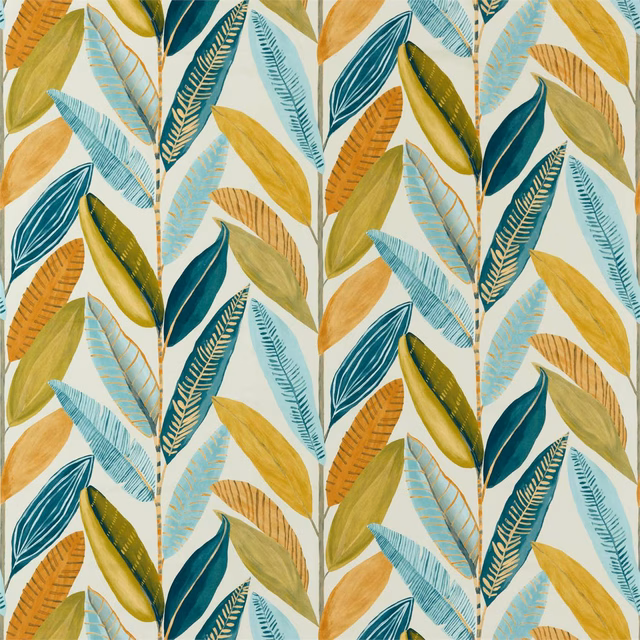 Tangerine, teal and olive leaf motifs on a pale ground