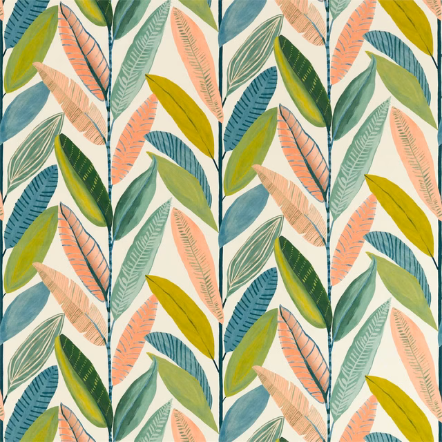 Ivory botanical fabric with layered sage, teal, olive and coral leaves