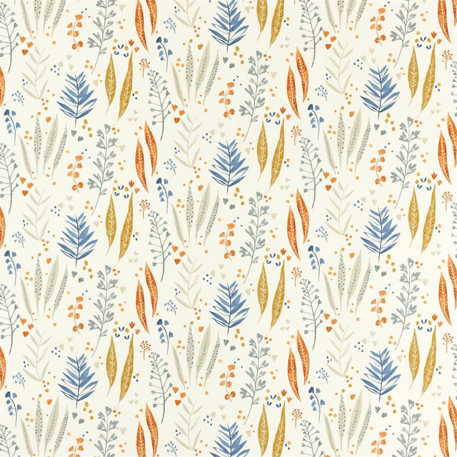 Cream botanical fabric with amber seed pods, blue sprigs and olive leaves