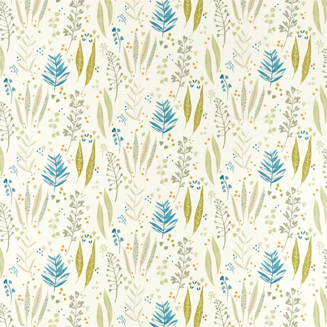 Cream botanical fabric with olive leaves, teal fronds and fine scattered sprigs