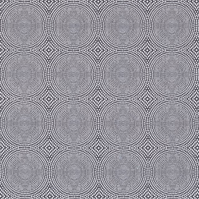 Cool charcoal grey fabric with concentric circular lines and tiny diamond motifs