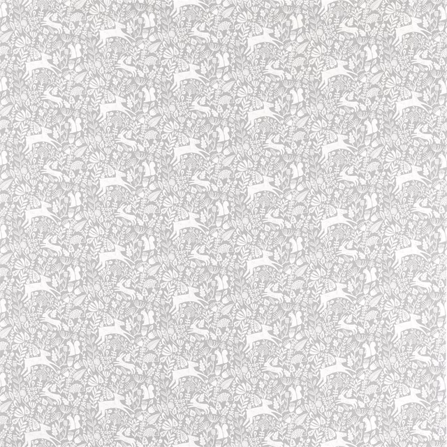 Pale pewter woodland animals and foliage in a dense small-scale repeat