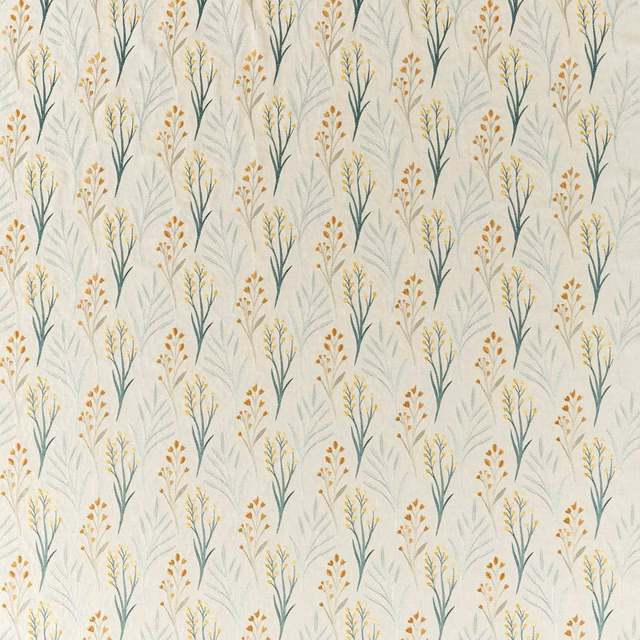 Pale cream fabric with blue-grey stems and amber botanical sprigs