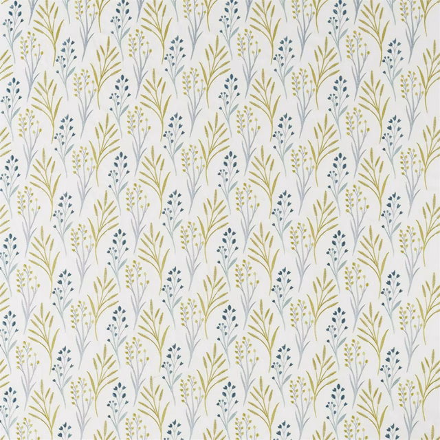 Ivory botanical fabric with grasshopper-green stems and blue-grey sprigs
