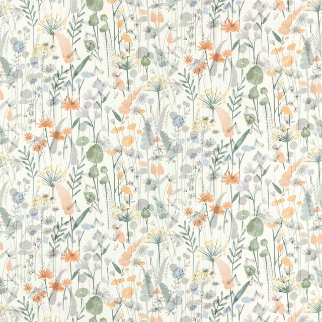 Cream botanical fabric with sage, blue-grey and peach meadow stems