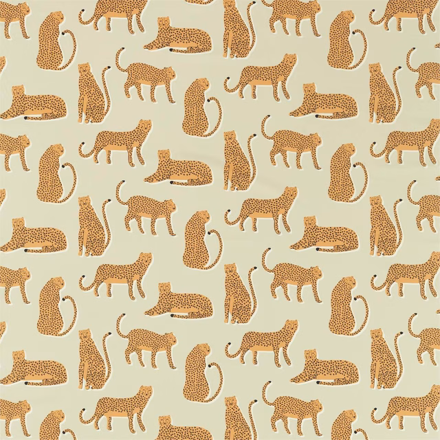 Pale mint fabric with ginger spotted big cats and seated feline motifs