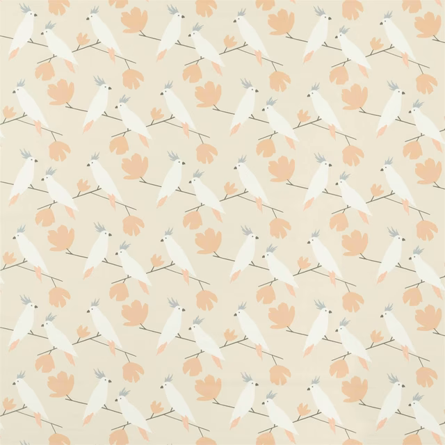 Cream fabric with white birds, grey branches and muted peach botanical motifs