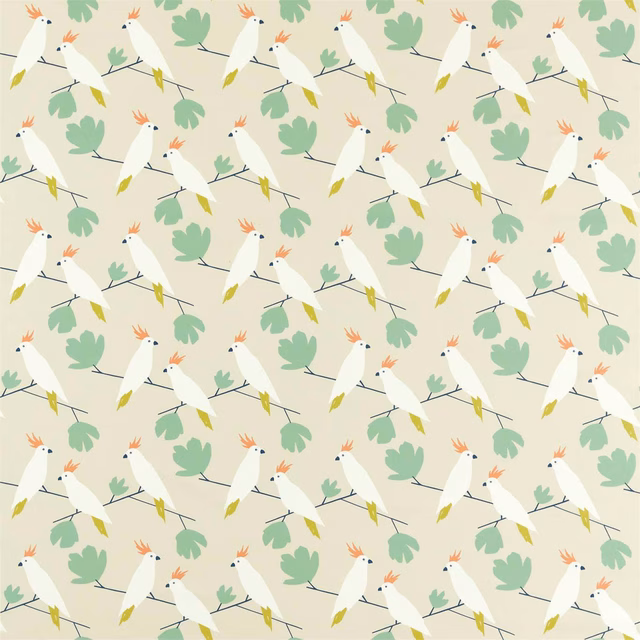 White birds on grey branches with sage leaves over a pale cream ground