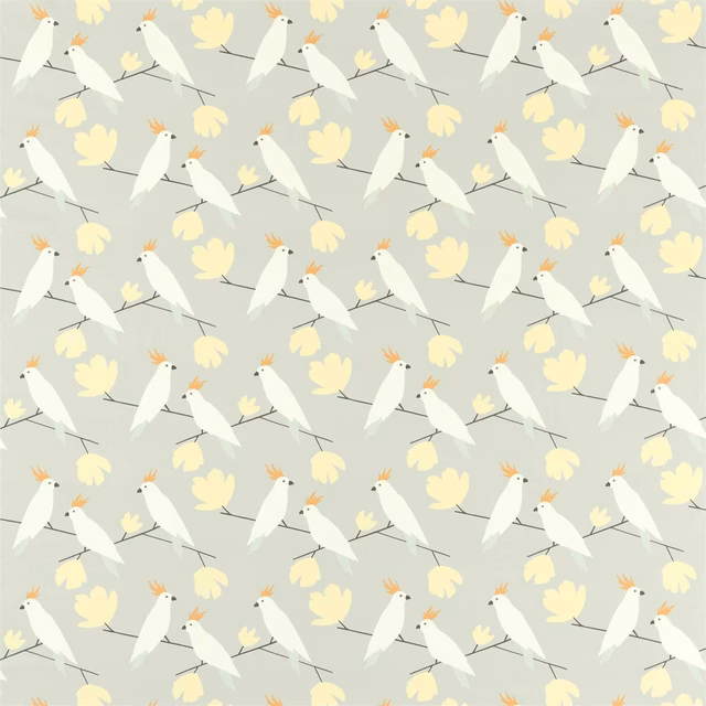 White birds and pale yellow flowers on muted grey-green patterned fabric
