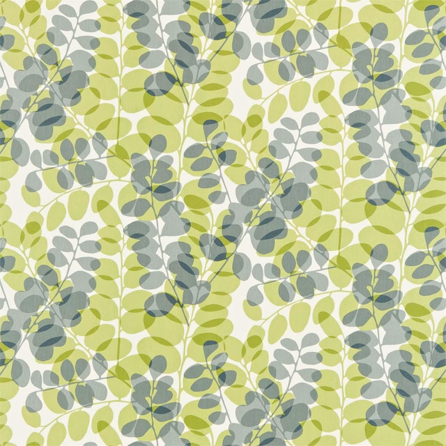 Chalk ground with layered lime and gull-grey leafy stems and oval leaves