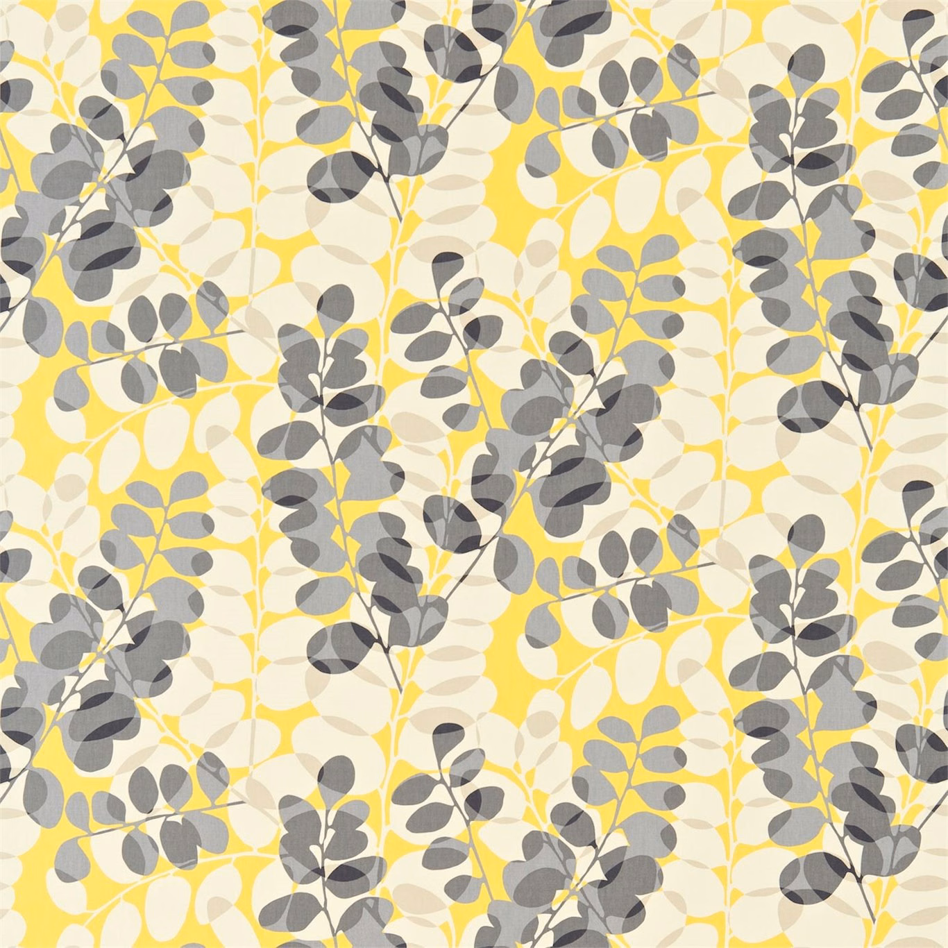 Cream botanical fabric with sunflower-yellow stems and layered charcoal-grey leaves