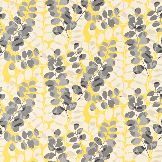 Cream botanical fabric with sunflower-yellow stems and layered charcoal-grey leaves