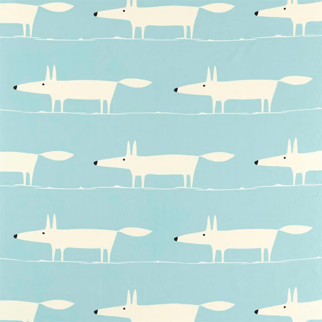Pale aqua fabric with repeated ivory foxes, black noses and upright ears