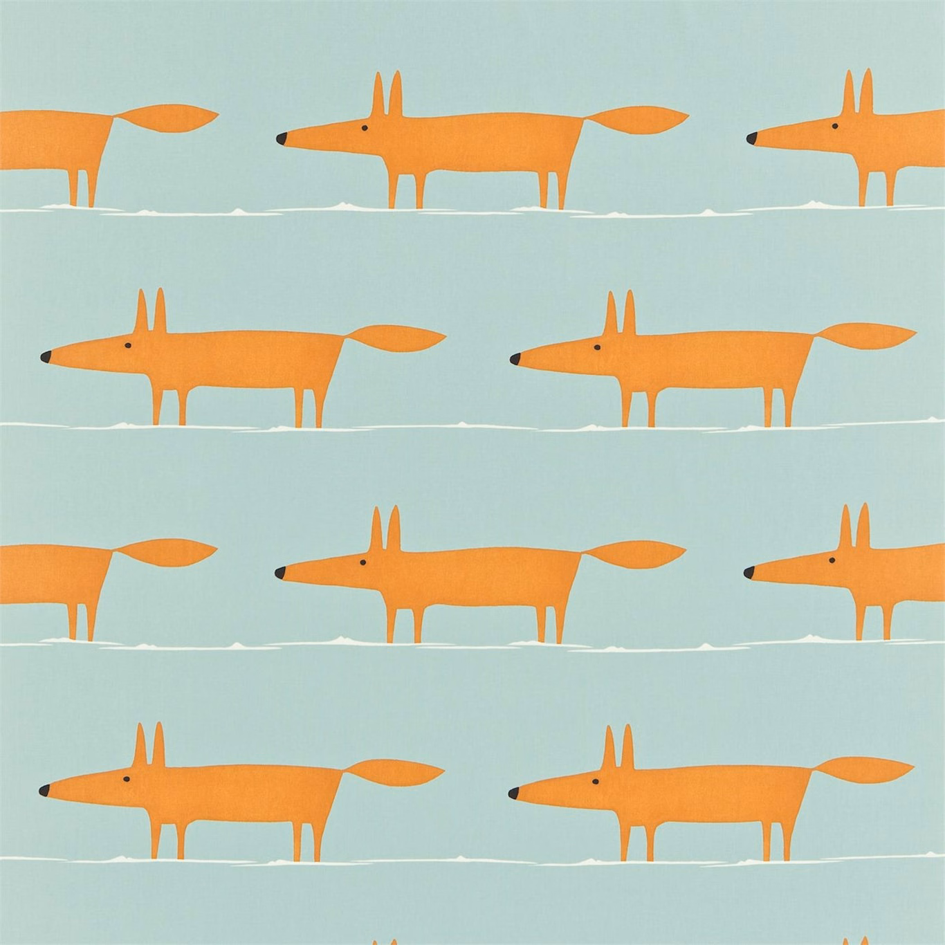 Tangerine foxes marching across pale sky-blue fabric with chalk-white lines