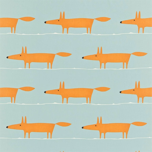 Tangerine foxes marching across pale sky-blue fabric with chalk-white lines