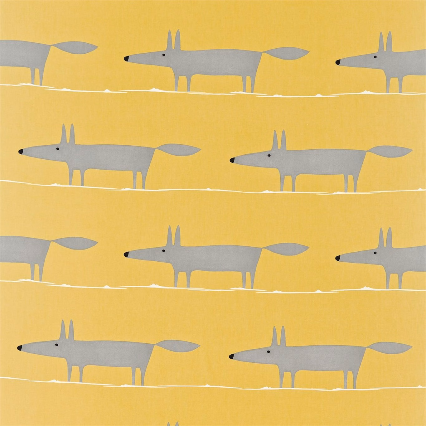 Sunflower-yellow fabric with repeated soft grey foxes and chalk-white ground lines
