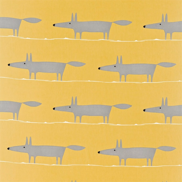 Sunflower-yellow fabric with repeated soft grey foxes and chalk-white ground lines