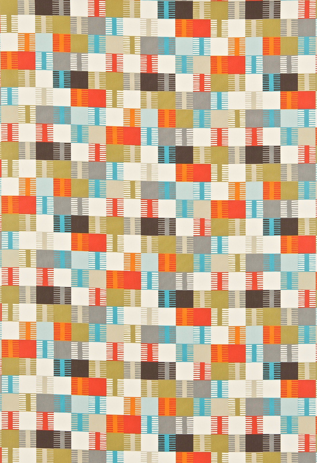 Tomato red, teal and cream woven geometric grid with mustard and charcoal blocks