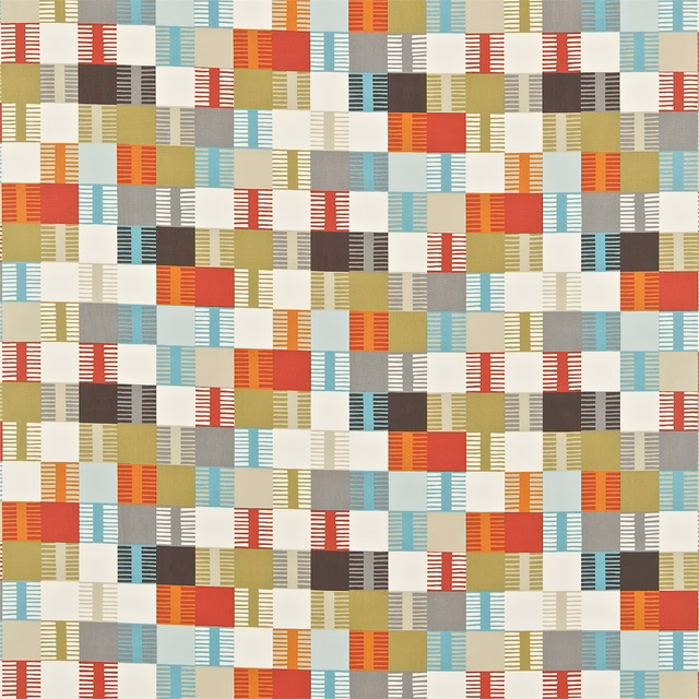 Tomato red, teal and cream woven geometric grid with mustard and charcoal blocks